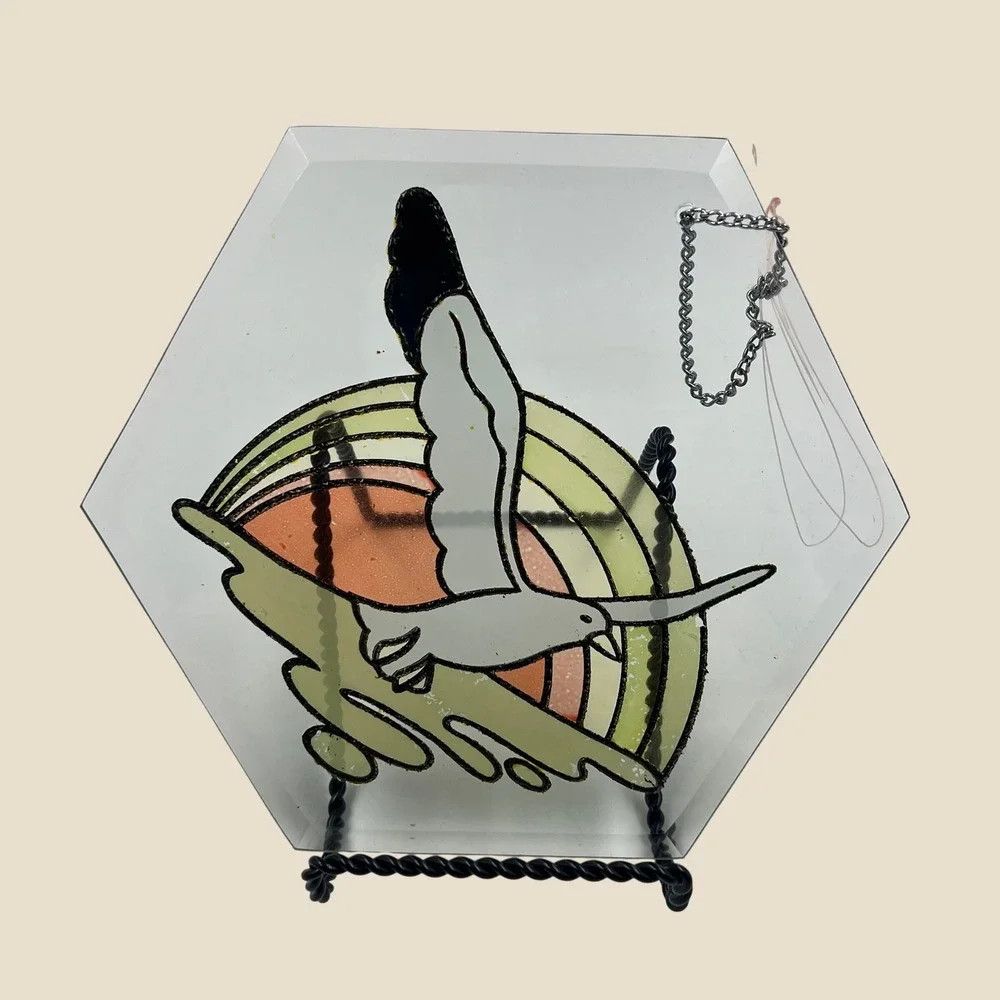 Vintage Reverse Painted Glass Flying Geese Rainbow Wall Hanging Hexagon 8in
